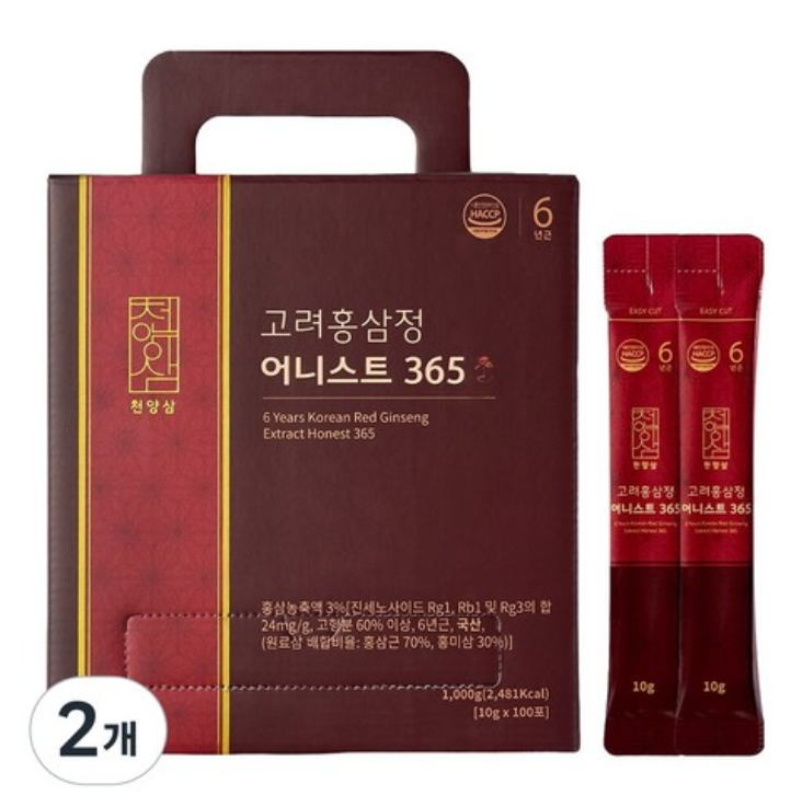 천양삼 6년근 고려홍삼정 어니스트 365 홍삼스틱 100포, 1kg, 2개