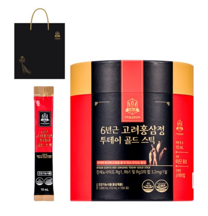고려홍삼중앙회 6년근 고려홍삼정 투데이 골드 스틱 + 쇼핑백, 10ml, 100개